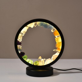 AMOYSTONE Natural Crystal Led Lamp Chakra Crystals Night Light Natural Crystal Table Lamp USB Power Round Mixed Rocks Crystal Lamp for Bedroom Living Room
