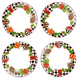 MACKENZIE-CHILDS Deck the Halls Dinner Plate, Decorative Stoneware Christmas Dinner Plate, 10 Inches, Set of 4
