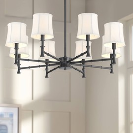 Franklin Iron Works Kenna Black Chandelier Lighting 28 1/4" Wide Modern White Tapered Drum Shades 8-Light Fixture for Dining Room House Home Foyer Kitchen Entryway Bedroom Living High Ceilings