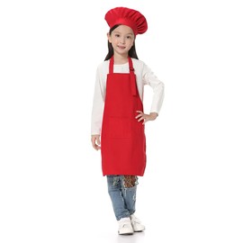 TOPTIE Cotton Canvas Kids Apron, Cooking Aprons and Chef Hat Set, S-XXL-Red-XXL