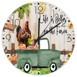 12" Silent Non-Ticking Wall Clocks Battery Operated Life Is Better on The Farm Home Decor for Patio Fall Pumpkin Chicken Rooster Hen Custom Round Wooden Wall Clock Vintage for Exercise Room Yoga Room
