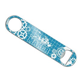 Maker Blueprint Design with Robot and Gears Stainless Steel Vinyl Covered Flat Bartender Speed Bar Bottle Opener