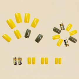 Press On Nails Coffin Fake Nails Grid Stick On Nails Yellow Dark Green Glue On Nails Glossy Shiny Artificial Nails Full Cover Acrylic Nail Kit For Women Girl 24pcs