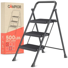 Black 3 Step Stool Foldable – Heavy-Duty Foldable Step Stool for Adults, 500 lbs Capacity, Anti-Slip Feet & Wide Steps, Sturdy Steel Frame, Lightweight & Space-Saving Design for Home, Kitchen & Garage