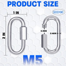 200-Pack M5 3/16 Inch Quick Link Chain Connectors, 2IN Galvanized Thread Quick Link Screw, Heavy Duty Small Locking Carabiner Clips for Hammocks, Swings, Shade Sails-650 LB Capacity