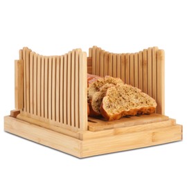Upgraded Bread Slicer, Bamboo Bread Slicer Guide Adjustable with 3 Slice Thickness, Bread Cutting Guide with Crumb Tray, Bread Maker Accessories for Homemade Bread, Cakes, Bagels