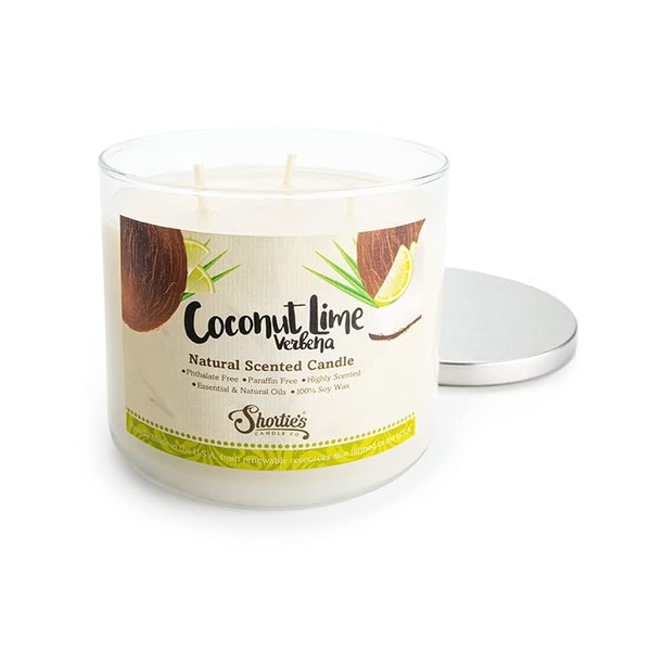 Coconut Lime Verbena Highly Scented Natural 3 Wick Candle, Essential Fragrance Oils, 100% Soy, Phthalate & Paraben Free, Clean Burning, 14.5 Oz.
