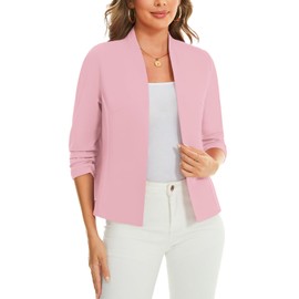 LADI TREND Women's Breathable 3/4 Ruched Sleeve Summer Blazers Lightweight Front Lined Open Front Cardigan Casual Business Suits Jackets Cocktail Parties (Pink L)