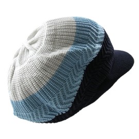 Knitted Cotton Rasta Slouchy Beanie Visor (White/Sky Blue/Navy)