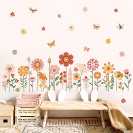 decalmile Boho Flower Wall Decals for Kids Garden Floral Daisy Butterfly Wall Stickers Baby Nursery Girls Bedroom Kids Room Wall Decor