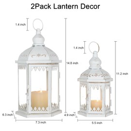 Lanterns Decorative Outdoor&Indoor, Set of 2 (15"&11") White Metal Lantern Decor with Glass, Candle Holder for Porch, Patio, Garden, Balcony, Wedding, Table Centerpiece