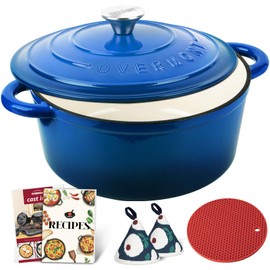 Overmont Enameled Cast Iron Dutch Oven - 5.5QT Pot with Lid Cookbook & Cotton Potholders - Heavy-Duty Cookware for Braising, Stews, Roasting, Bread Baking blue