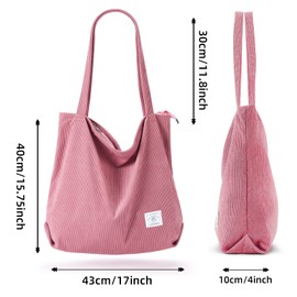 KALIDI Thicken Corduroy Totes Bag Extra Large Capacity Handbags Shoulder Bags with Zipper Cord Tote Bag for Women Ladies Girls Casual Shopping Bag for Work School College Daily Use (pink)
