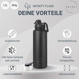 Abjoki Stainless Steel Drinking Bottle "Infinity" 1,200 ml, Onyx Black, Double-Walled and Vacuum Insulated, Thermal Flask, BPA-Free, Leak-Proof, Suitable for Carbonated Drinks, Plus Push Button Sports