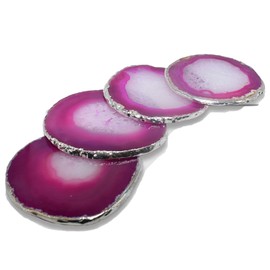 Nature's Decorations - Premium Pink Agate Coasters with Silver Edge - Set of 4 Non-Skid Coasters Made with Stone - Irregular Shaped Coasters Perfect Home Decor and Gifting