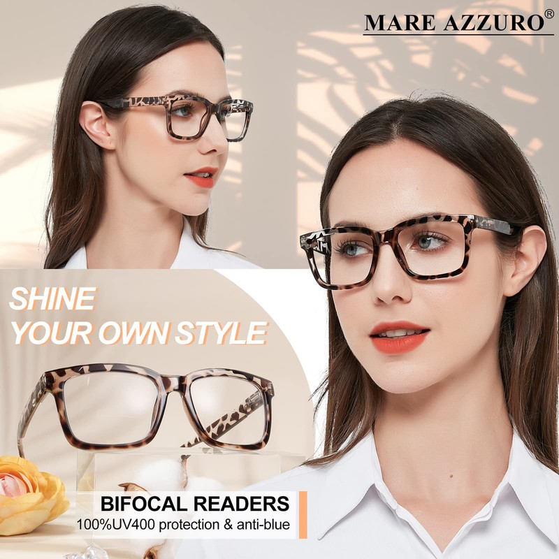 MARE AZZURO Large Square Bifocal Reading Glasses +3.50 Women Blue