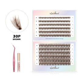 NATUHANA DIY Eyelash Extension Kit, 30P Volume Lash Cluster, 8-15 mm Mixed Tray, 0.07 mm, DIY Eyelash Extension, 240 Pieces Eyelash Cluster Kit with Eyelashes, Tweezers & Glue (30p-brown 8-15 Mix)