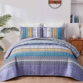 WONGS BEDDING Boho Quilt Set King Size Purple, 3 Pieces Striped Bedspread Coverlet Set, Bohemian Soft Lightweight Microfiber for All Season(104"×90")