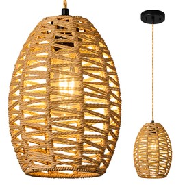 ZPBSJ Brown Rattan Pendant Light Kitchen Island Hanging Lights Height Adjustable Boho Lamp E27 Hanging Lamp Basket Lamp for Farmhouse Living Room (Pack of 1)