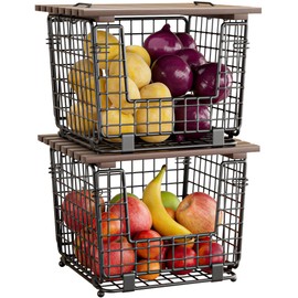 GGIU Wire Storage Basket For Kitchen Pantry and Counter - Stackable Wire Organizing Bin For Produce, Vegetable - Countertop Potato, Onion, Veggie Basket Brown