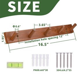 Cobnap Natural Teak Wall-Mounted Coat Rack - Farmhouse Entryway Hooks with 5 Wooden Hooks Each, Rustic Bathroom Wall Pegs for Jackets, Backpacks & Towels (Set of 2, 16.6")