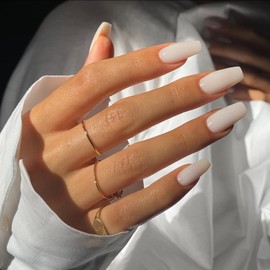 KQueenest Press On Nails Long Almond Square Coffin Nails for Sticking White, Shiny Jelly Gel Fake Nails Fingernails for Sticking Ballerina, Plain Acrylic False Nails for Women, Pack of 24