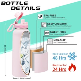 32 OZ Water Bottles with Straw, Storage Carrier Bag, Paracord Handle & Chug Lid, BPA-free Vacuum Insulated Water Bottle 32oz, Keep Cold 48Hrs & Hot 24Hrs, Stainless Steel Hydro Sports Office Travel