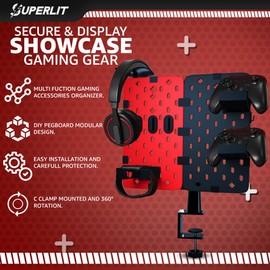 SUPERLIT Desk Pegboard | Desk Accessories Gaming Headset Stand, Under Storage, Controller Holder, Cup Standing Organizers Cubicle Essentials Hook Clamp Wired Cable Mount Room Tech Gadgets