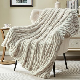 JONIYEAR Solid Cozy Fuzzy Ruched Faux Rabbit Fur Throw Blanket 50" x 60", Decorative Shaggy Fluffy Raffle Blanket for Couch Sofa, Soft Cute Accent Furry Blankets, Warm Blankets for Winter, Sand White
