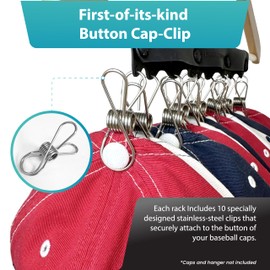 Perfect Curve Hanger Hat Organizer and Hat Rack. Store 10 Baseball Caps in Your Closet with our Innovative Button Clip Design. Caps won't fall off. Silicone and Metal Construction. Black, 1-Pack