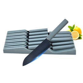 In-Drawer Knife Block Set, 12PCS Stainless Steel Chef Knife Set with Knife Drawer Organizer, Sharp Cooking Kitchen Knife Set with 6 Steak Knives for Kitchenette for Small Spaces Save Space (Blue)