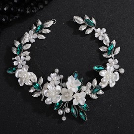 Rumtock White Flower Silver Leaves Green Rhinestone Headband for Wedding Brides Bridesmaid Handmade Women Hair Accessories (Green)