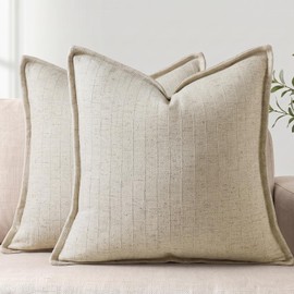 DEZENE 20x20 Linen Pillow Covers Natural Beige Pack of 2 Farmhouse Boho Neutral Accents Striped Textured Square Decorative Throw Pillow Cases for Living Room Couch Bed Home Decor