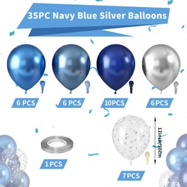 Blue Silver Balloons, Pearl Navy Blue Balloons Metallic light Blue and Silver Balloon Silver Star Confetti Balloon for Boys Girls Birthday Graduations Baby Shower Wedding Engagement Decorations