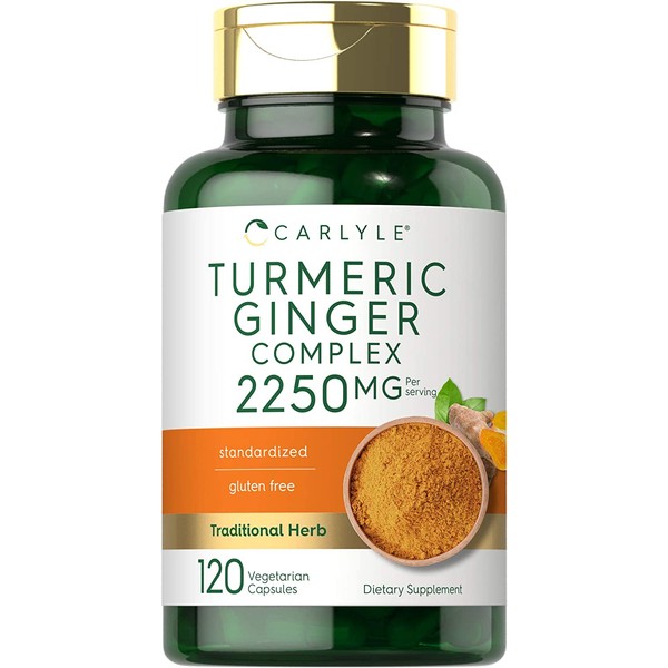 Turmeric and Ginger Supplement 2250 mg | 120 Capsules | Turmeric Curcumin Complex | Vegetarian, Non-GMO, Gluten Free | by Carlyle