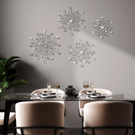 Blulu 4 Pcs Metal Wall Art Bling Crystal Home Decor Cast Iron Rhinestones Sunburst Wall Decor Starburst Wall Art Wall Hanging Diamond Accents Home Decorative for Bedroom Living Room Entryway(Silver)