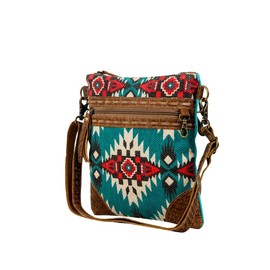 Myra Bag Crossbody Mini Purses - Tribe of the Sun Upcycled Woven Rug Design with Leather Accents, Zippered Pockets, Cellphone Crossbody Purse, Multicolor