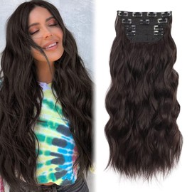 Clip in Hair Extensions Natural Hair Curly Clip in Hair Extensions Long Dark Brown Wavy Curly Hair Extensions Clip in Synthetic Hair Extensions Curly (Black, 4 Pieces)