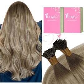 YoungSee I Tip Hair Extensions Human Hair Brown Balayage 14 Inch Itips Hair Extensions Human Hair Dark Brown Ombre Brown with Blonde Tip Hair Extensions Remy Hair Human Hair Extensions 80s/50g