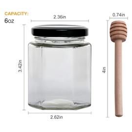 Woaiwo-q 6 oz Hexagon Glass Honey Jars, 25 Pack Glass Jars with Black Lids,Wooden Honey Sticks,Bronzy Bee Pendants,Small Tags,15m Jute Twine, Clear Hexagon Jars for Honey,Foods,Liquid.