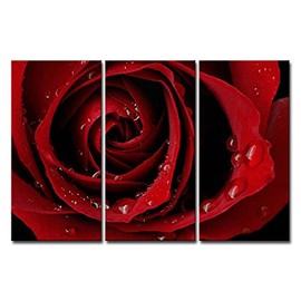 Canvas Print Wall Art Painting for Home Decor Front Red Rose Bright Fresh Color Rose Water Drops On The Petal Modern Giclee Stretched and Framed Artwork for Living Room
