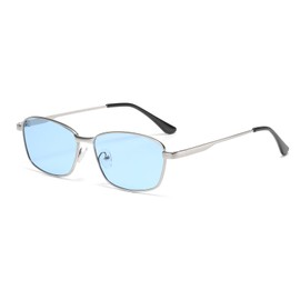 LJCZKA Vintage Rectangle Sunglasses for Women Men, 90s Square Metal Frame Sun Glasses Classic Retro Rectangular Shades UV400 Protection (Silver Blue)