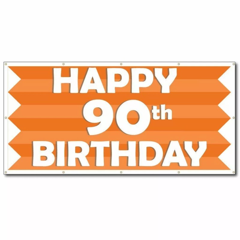 Happy 90th Birthday Orange Stripes 4'x8' Vinyl Banner