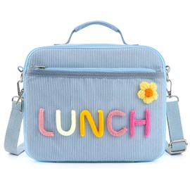 Blue Corduroy Kids Lunch Bag, Colorful Knit Letters & Flower Insulated Lunch Box Gifts for Girls Daughter, Large Capacity Soft Lunch Containers Crossbody Cooler Bag for Back to School Travel Picnic