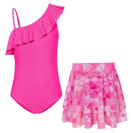 GRACE KARIN Kids Girls' Bathing Suit Set One-Shoulder with Dual-Layer Skirt for Water Sports Hot Pink 10-12 Years