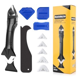 Caulking Tool 5 in 1 Silicone Caulk Remover Tool Kit, Grout Removal & Sealant Finishing Tool with Stainless Steel Scraper, 5 Silicone Pads for Bathroom Kitchen Sink Window Seam Repair