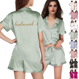 WJing Yi Jia Womens Floral Bridesmaid Pajamas 2Pcs Bride Silk Pajama Set For Bridal Party Gifts Soft Satin Pj Sets Silky Pjs