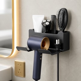 Drill-Free Wall Mount Hair Dryer Holder – Multifunctional Bathroom Organizer for Blow Dryer, Brushes, Combs, Shavers & Cosmetics