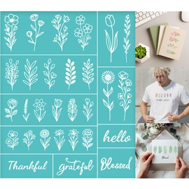 GOMAKERER 2 Sheets Silk Screen Stencil, Single Plant Flower with Common Text Reusable Mesh Stencil Self-Adhesive Silk Screen Printing for Wall Border Wood Fabric Home Craft Decor