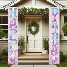 Starlit Patio Happy Birthday Sea-theme Door Porch Banner Party Decorations Gel Letters with Seashells StarfishHappy Birthday Porch for Party Entrance Birthday Sign Decorations for Home and Yard